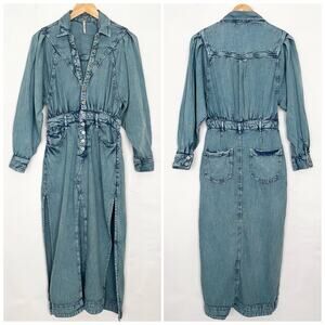 Free People Mad Love Denim Midi Dress Button Front Long Sleeves Size Small Blue